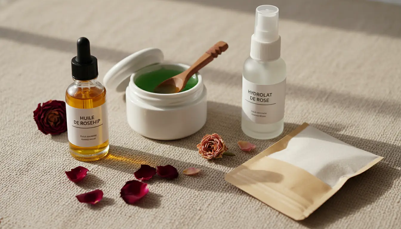 Flat lay routine soin visage naturel avec huile végétale, hydrolat de rose et aloe vera sur fond lin beige