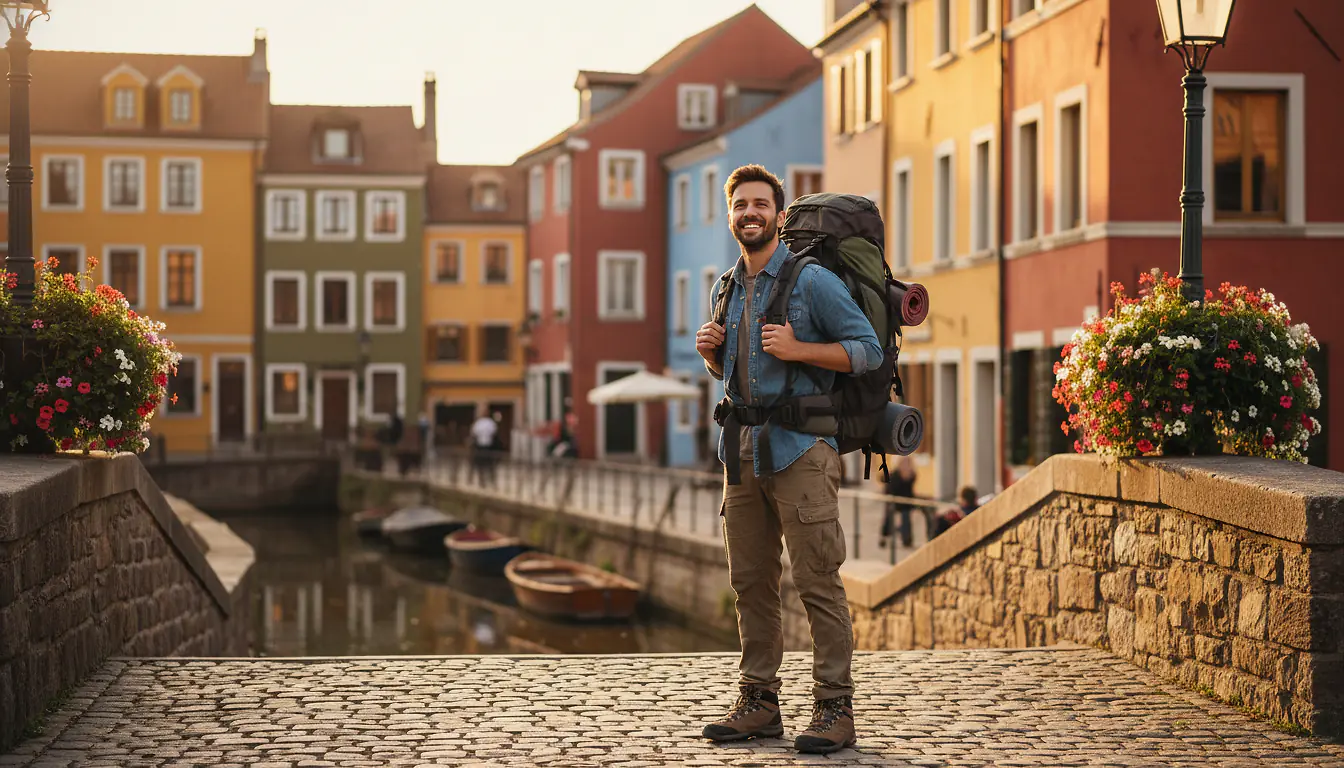 Voyageur avec sac à dos devant une vieille ville européenne ensoleillée aux toits colorés
