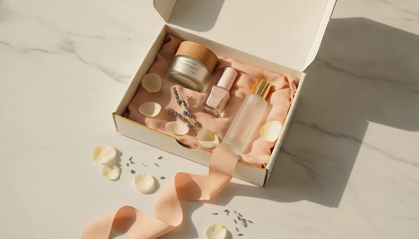 Box lifestyle ouverte avec produits beauté et cosmétiques posés sur fond blanc épuré