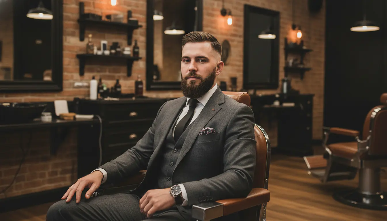 Homme dans un fauteuil de barbershop contemporain, coupe fade et barbe soignée, ambiance vintage