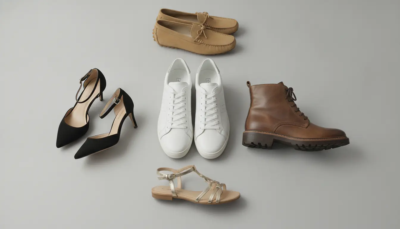 Flat lay de 5 styles de chaussures : sneakers, escarpins, boots, mocassins et sandales sur fond gris neutre