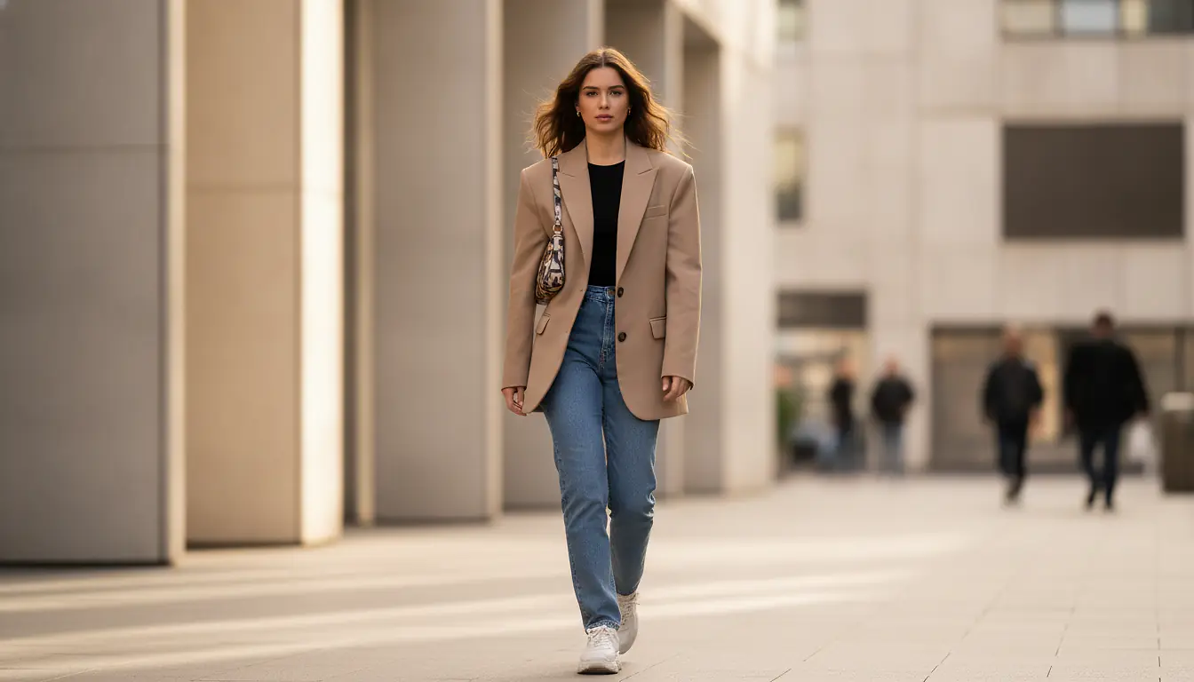 Silhouette élégante portant une veste oversize beige structurée sur un jean droit dans une rue urbaine