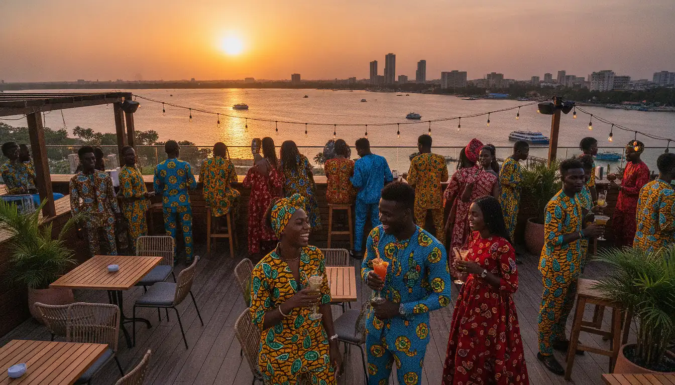 Scène lifestyle à Abidjan : tenues wax colorées et rooftop avec vue sur la lagune Ébrié