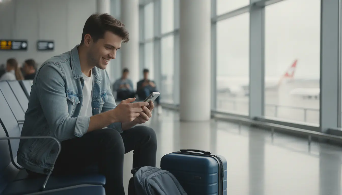 Voyageur souriant consultant une application de comparaison de vols sur son smartphone dans un aéroport, valise à côté