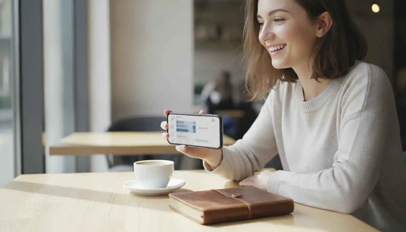 Personne assise dans un café lumineux consultant une application de réservation de vol sur son smartphone